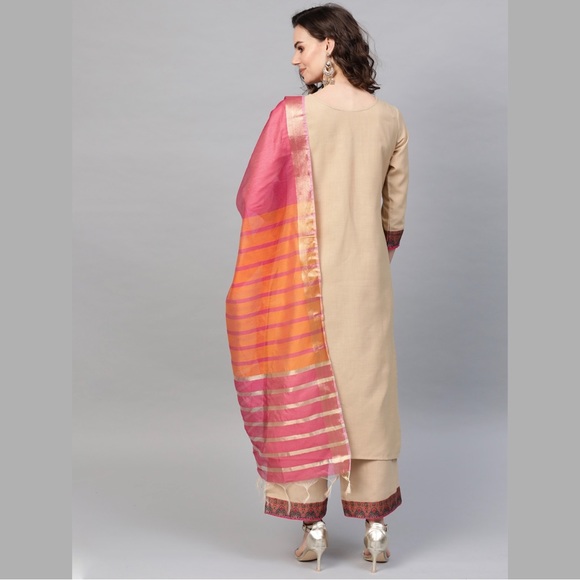 Beige & Pink Yoke Design Kurta with Palazzos & Dupatta for Women, Brand Indo Era - Picture 6 of 15